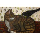 Wolf Howard, acrylic on canvas, Cat with Crow on Back,. Monogrammed WH and signed verso. H.42 W.
