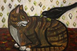 Wolf Howard, acrylic on canvas, Cat with Crow on Back,. Monogrammed WH and signed verso. H.42 W.