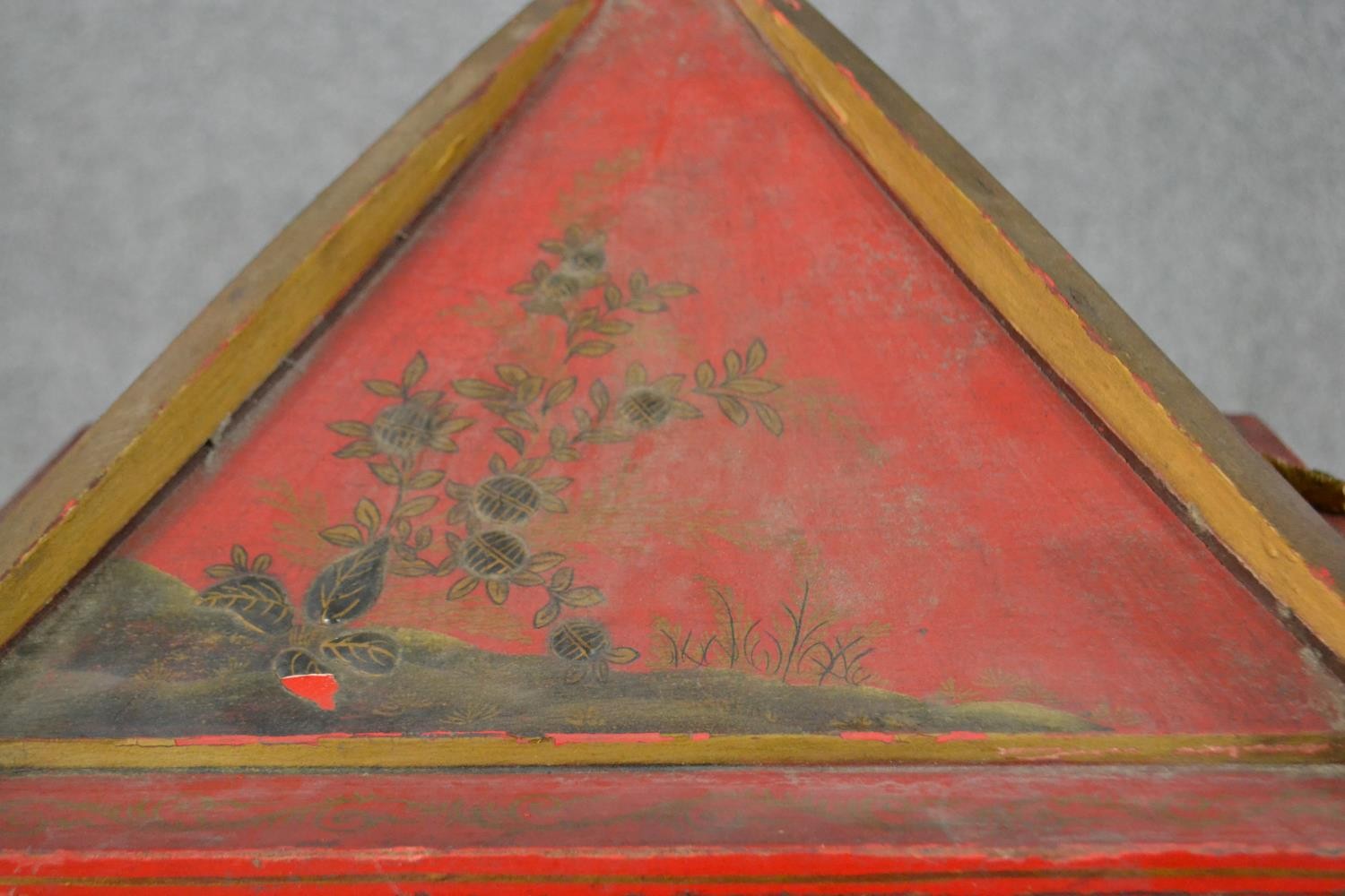 A set of circa 1920s Chinese style bookshelves, red painted with landscape designs, with a - Image 5 of 7