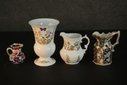 An Aynsley Cottage Garden jug and matching vase along with two Masons jugs. Makers marks to the