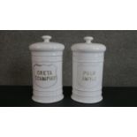 Two large 19th century white ceramic lidded apothecary jars, gilded Latin lettering with a shield