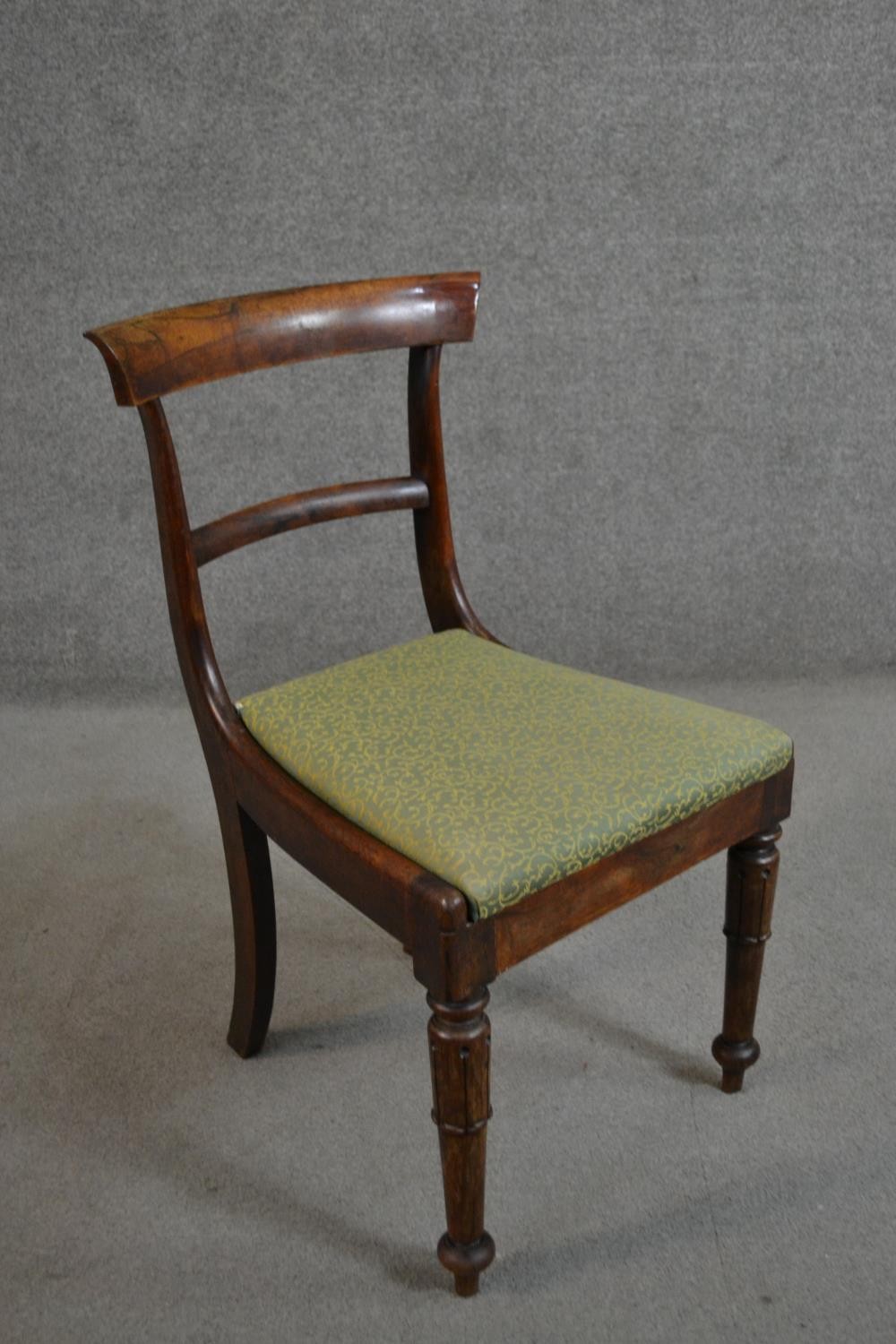 A set of four circa 1830's rosewood bar back dining chairs with green upholstered drop in seats on - Image 5 of 5