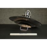 A vintage chrome and black enamel three tiered UFO design Ceiling lamp. Dia. 43cm.
