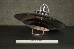 A vintage chrome and black enamel three tiered UFO design Ceiling lamp. Dia. 43cm.