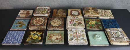 A collection of forty two 19th century ceramic tiles, including a blue glaze Pilkington Art