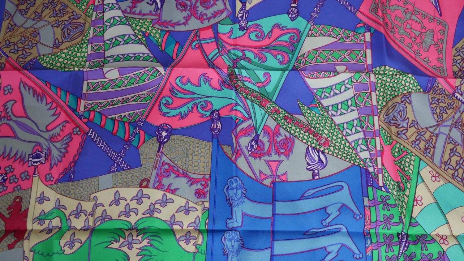 A Boxed Hermès silk scarf, pink, purple and teal 'Etendards et Bannieres', designed by Annie Faivre. - Image 3 of 5