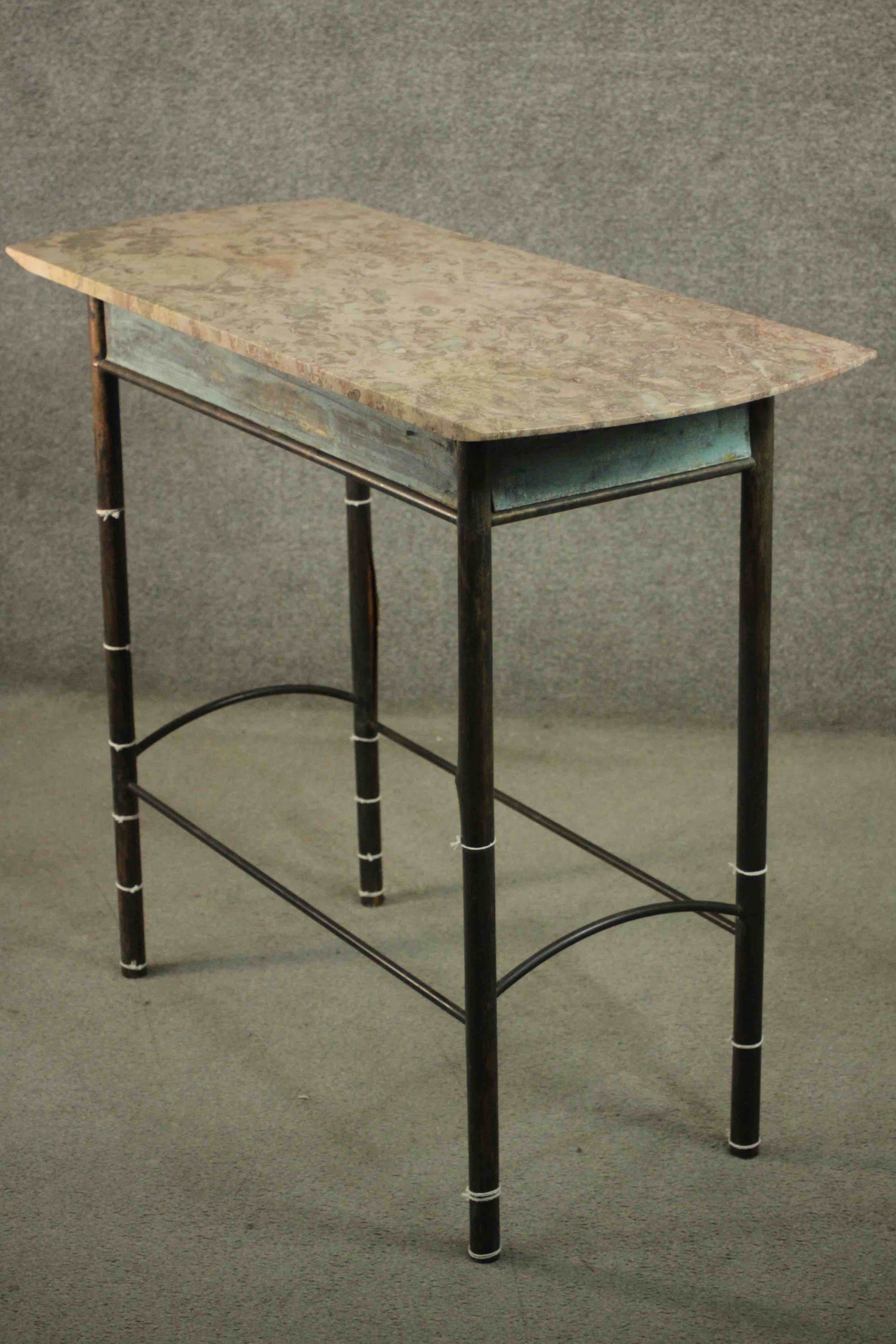 A continental side table. with a marble top, on a bronze base with cylindrical legs joined by - Image 5 of 6