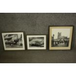 Three framed black and white photographs. A plane with pilot and two market scenes. H.34 W.30 (