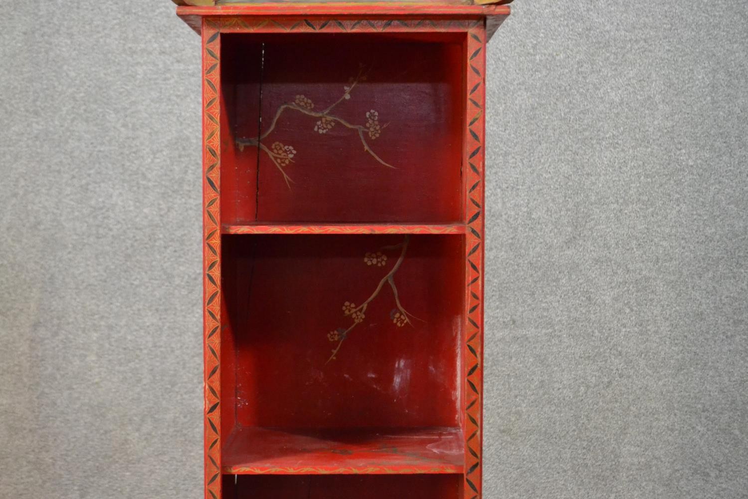 A set of circa 1920s Chinese style bookshelves, red painted with landscape designs, with a - Image 3 of 7