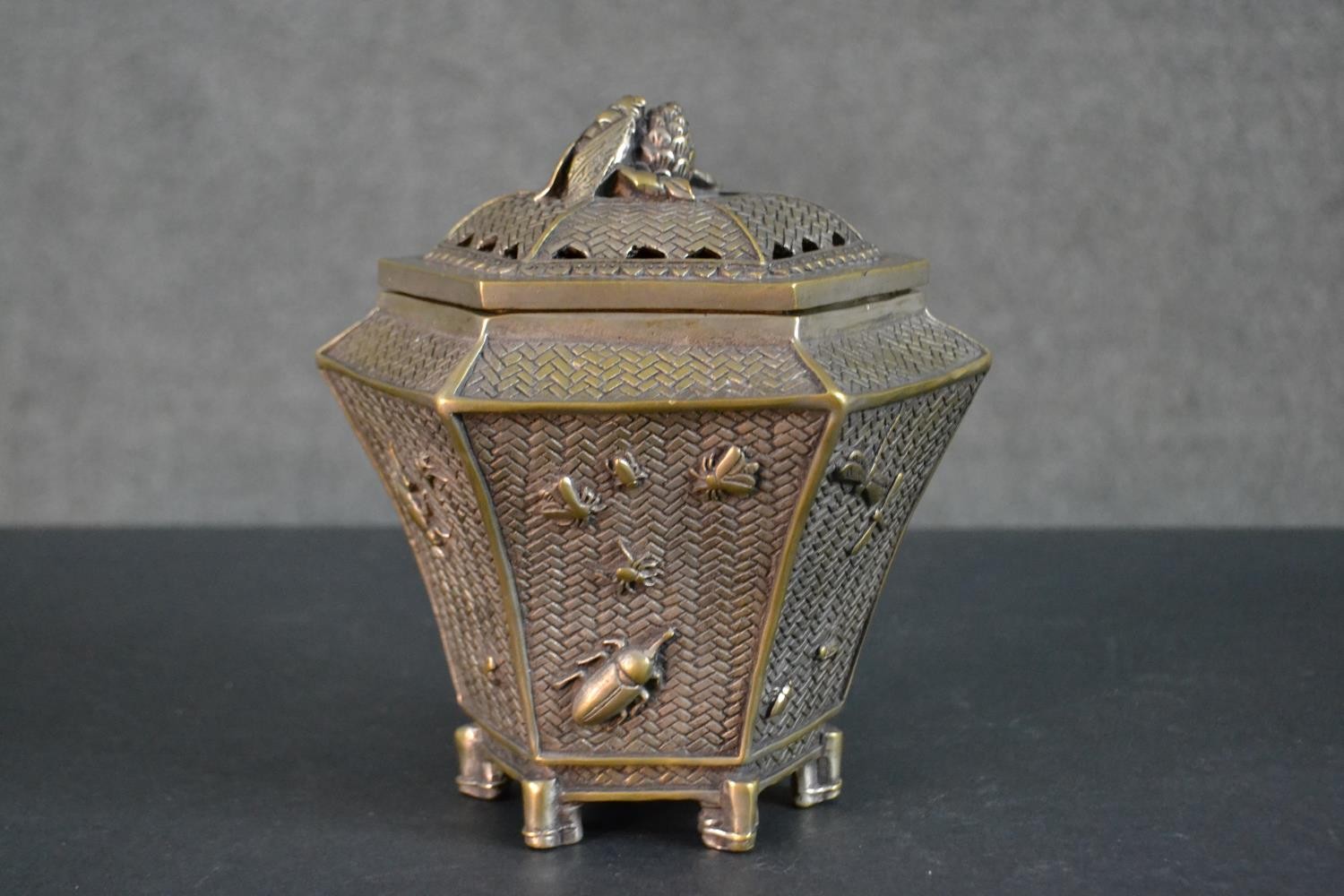 A Chinese brass woven design lidded box with relief insects and cicada finial along with an engraved - Image 6 of 10