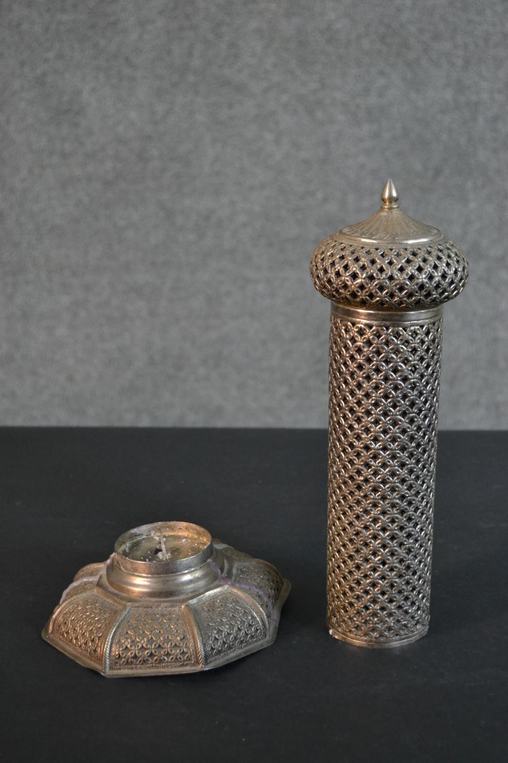 An Indian low grade silver pierced design candle holder with hexagonal base. Stamped silver (base - Image 16 of 17