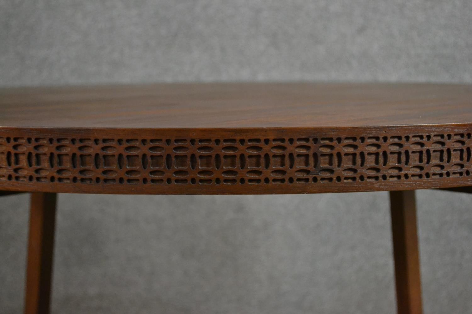 A contemporary circular hardwood dining table, the parquetry top with a blind fret edge on splayed - Image 3 of 6