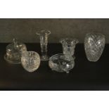 A collection of cut glass and crystal, including a cut crystal stilton dome, various vases and a