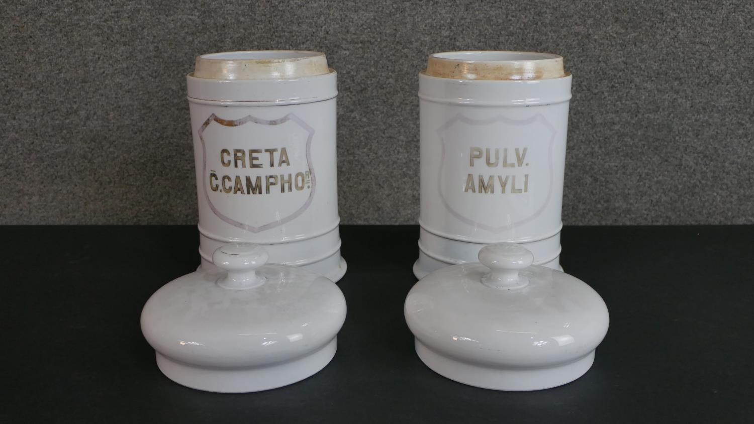 Two large 19th century white ceramic lidded apothecary jars, gilded Latin lettering with a shield - Image 4 of 4