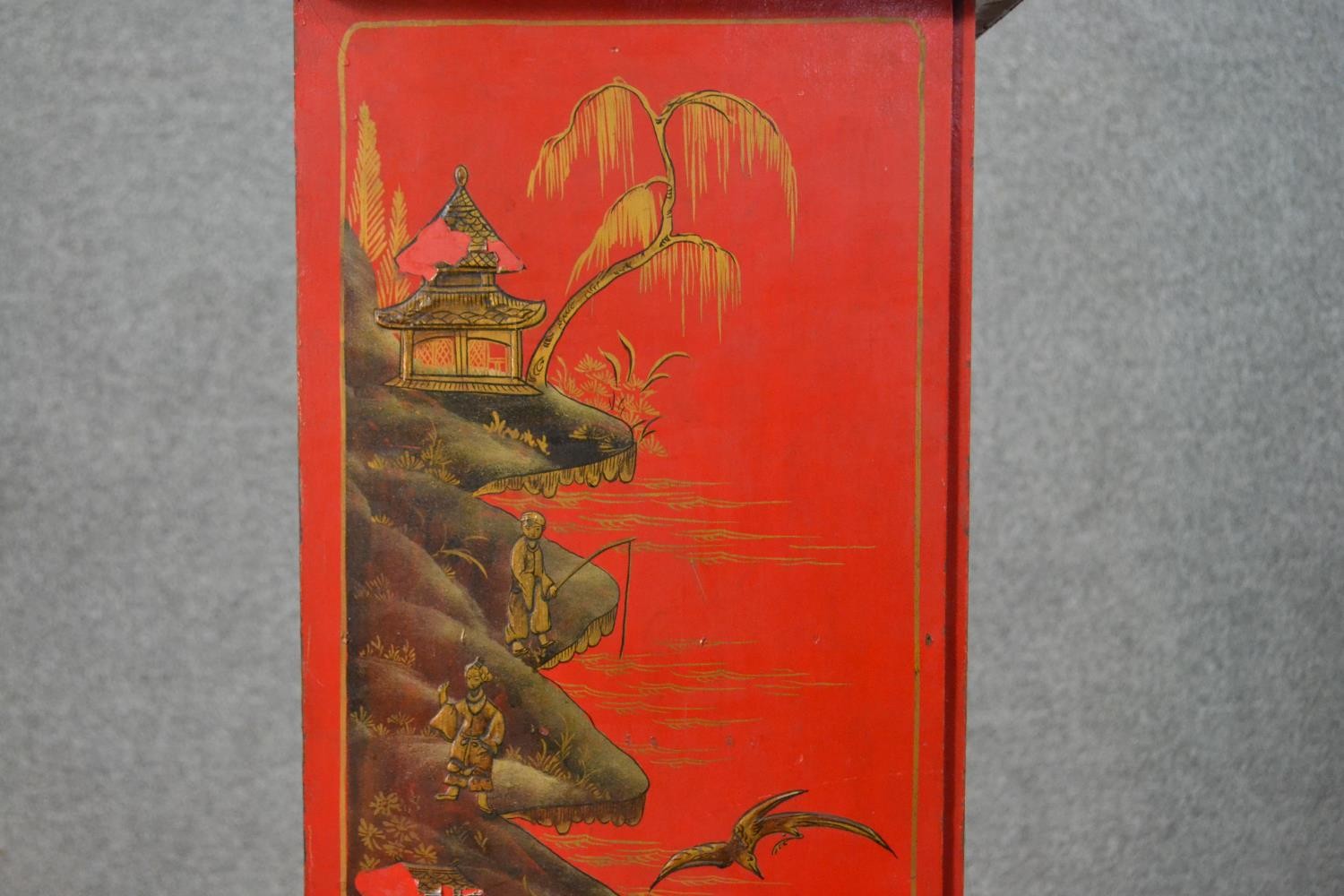 A set of circa 1920s Chinese style bookshelves, red painted with landscape designs, with a - Image 7 of 7