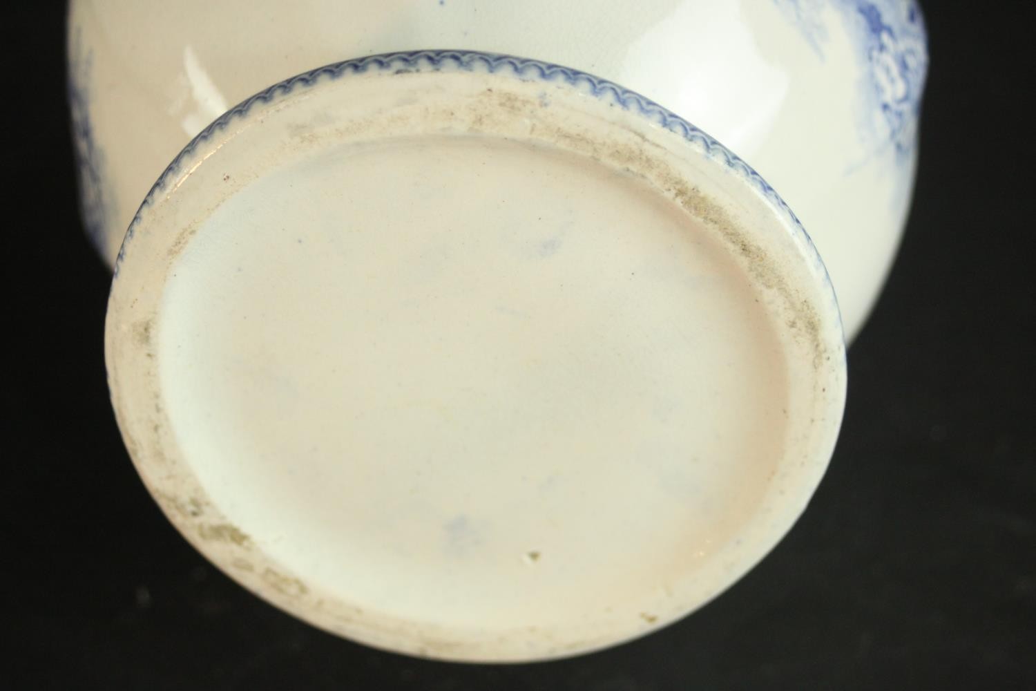 A Victorian Staffordshire blue and white china wash jug and basin, transfer printed with fantastical - Image 7 of 8