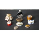 A collection of various trinket boxes, a Royal Crown Derby Imari design table lighter and blue glass