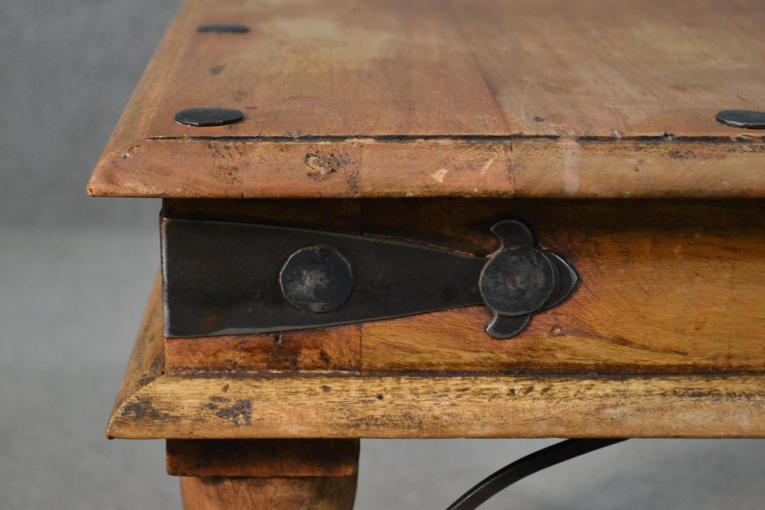 An Indian Sheesham occasional coffee table, the square top with iron studs, on turned legs with iron - Image 3 of 5