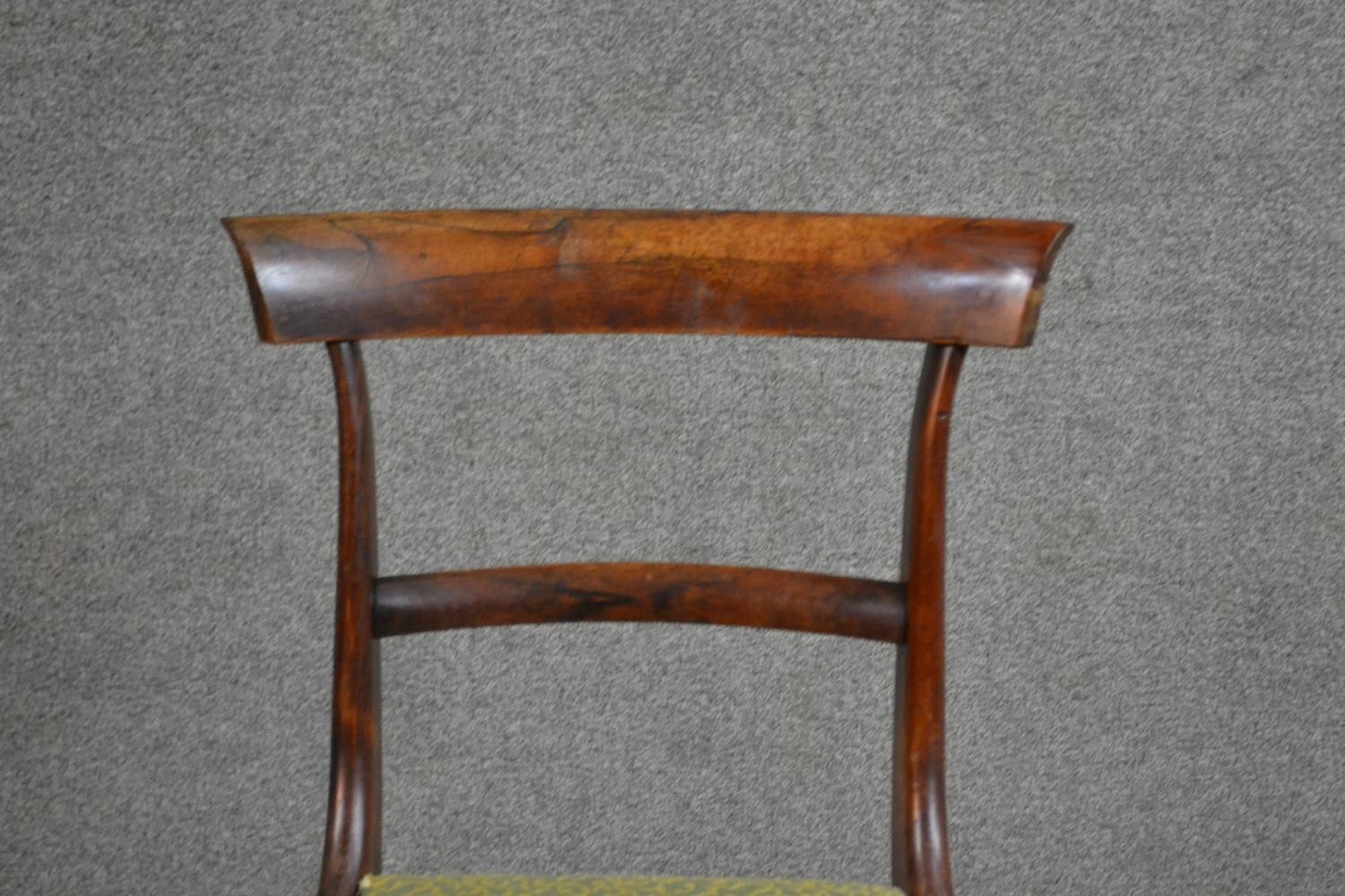 A set of four circa 1830's rosewood bar back dining chairs with green upholstered drop in seats on - Image 3 of 5