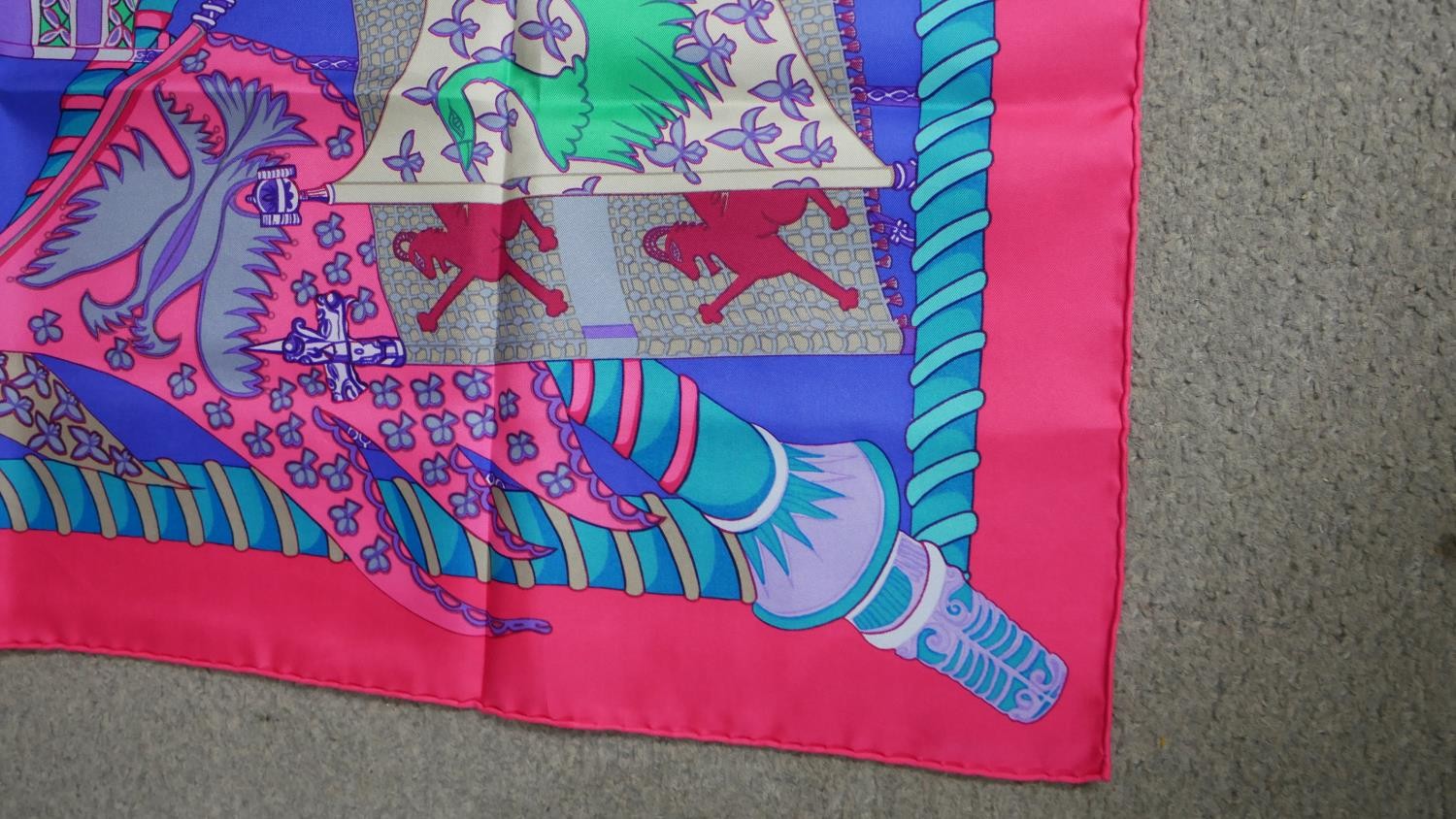 A Boxed Hermès silk scarf, pink, purple and teal 'Etendards et Bannieres', designed by Annie Faivre. - Image 4 of 5