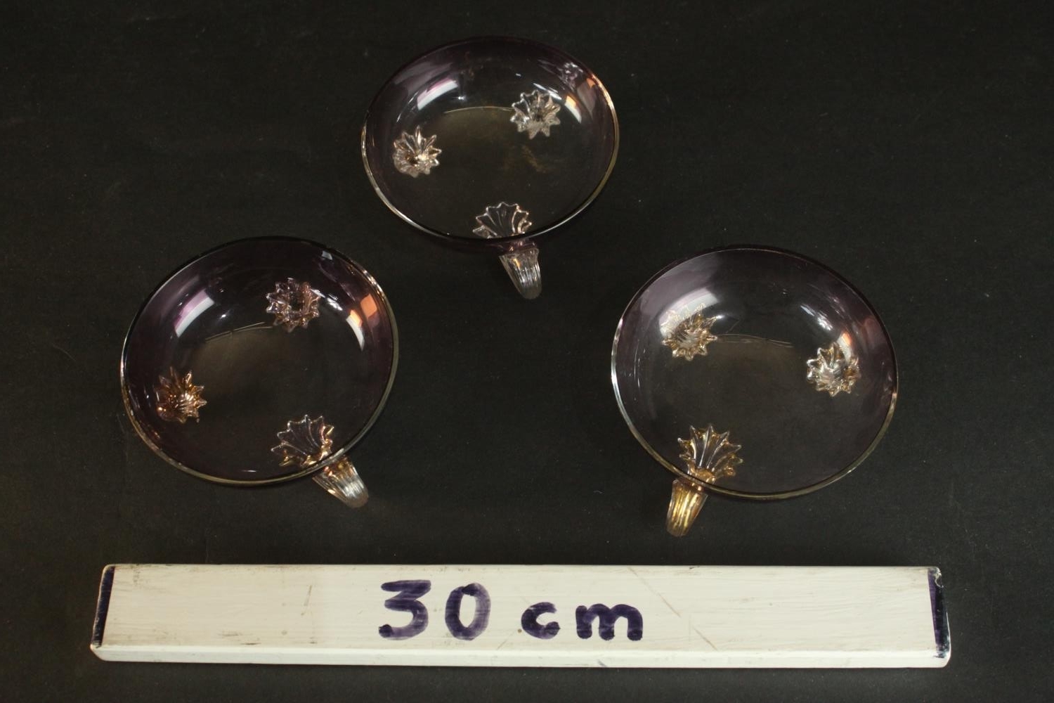 Three Murano style purple glass handled dishes. H.4 Dia.10cm. - Image 2 of 4