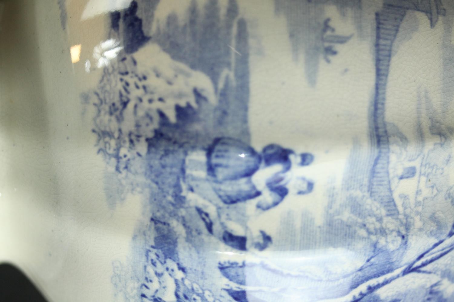 A Victorian Staffordshire blue and white china wash jug and basin, transfer printed with fantastical - Image 8 of 8