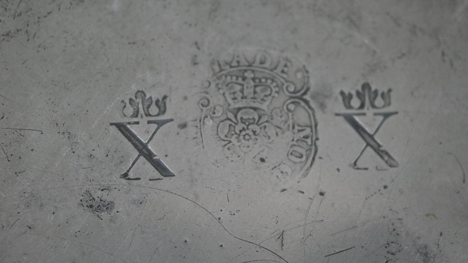 Two 18th century pewter plates with impressed makers mark along with a twin handled Victorian copper - Image 7 of 10