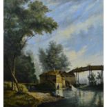 A gilt framed 19th century oil on canvas of a river landscape scene with mill house and figures,