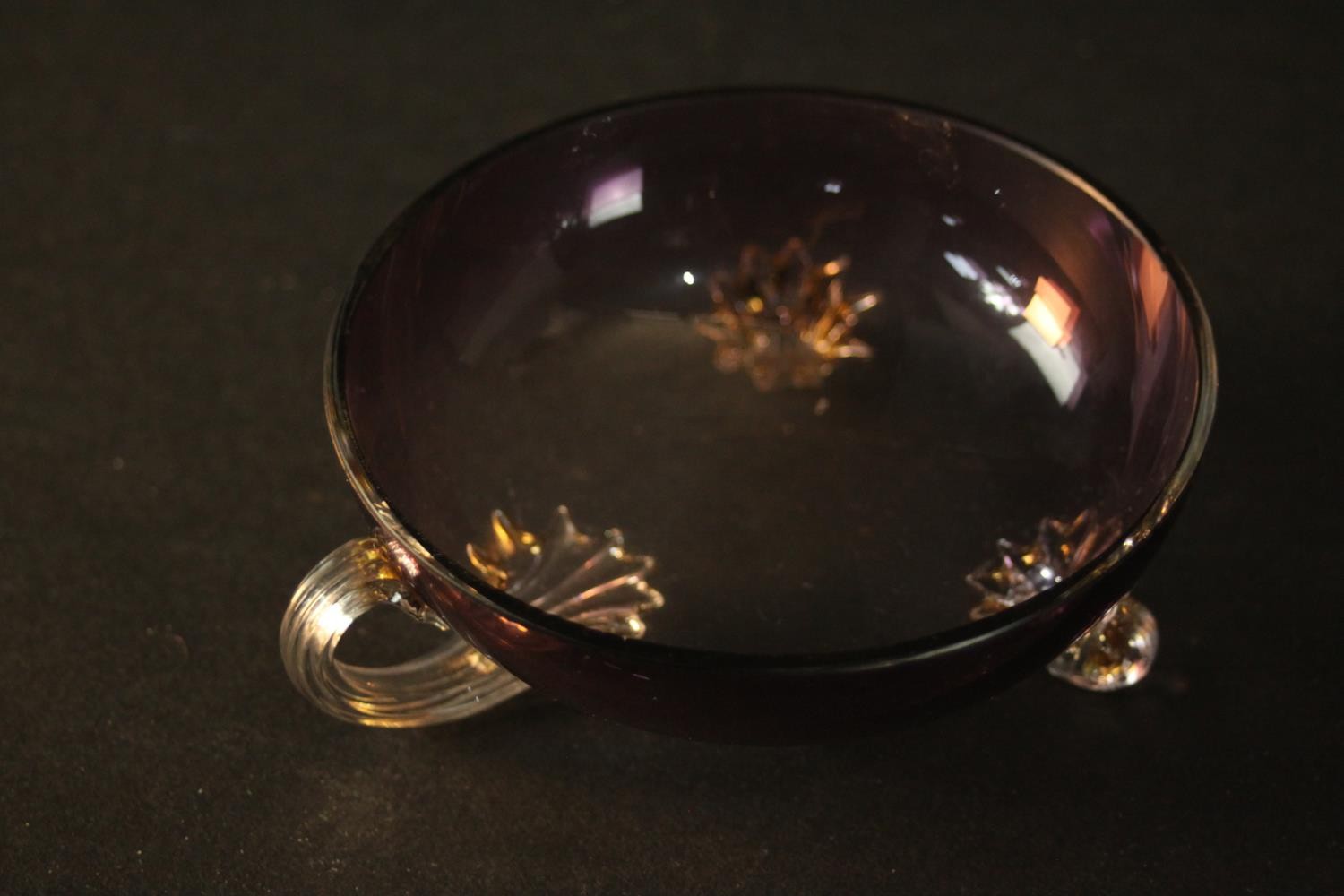 Three Murano style purple glass handled dishes. H.4 Dia.10cm. - Image 3 of 4