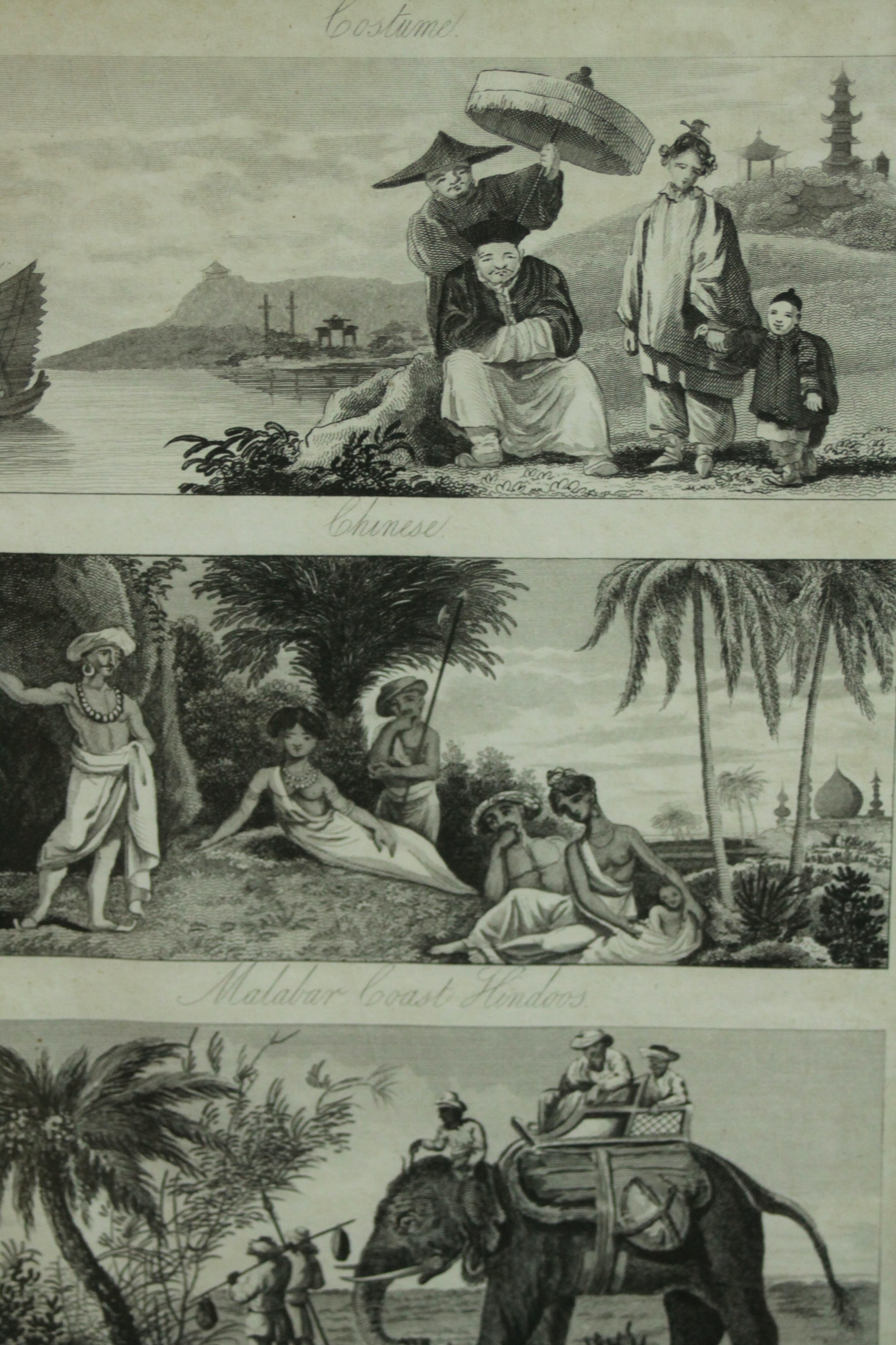 A framed and glazed 19th century engravings depicting various world costumes Chinese, Malabar - Image 5 of 6