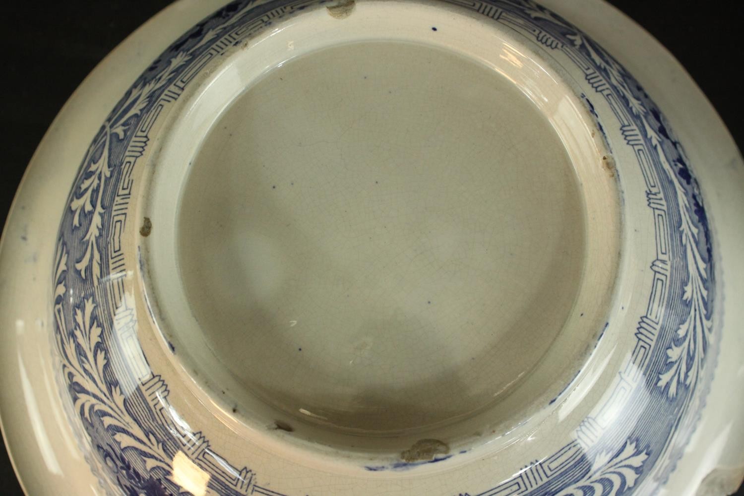 A Victorian Staffordshire blue and white china wash jug and basin, transfer printed with fantastical - Image 6 of 8