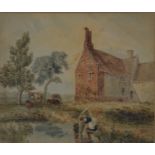 A framed and glazed Victorian watercolour of a brick farm house with a pond where the milk maid is