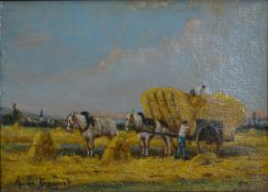 A carved gilt framed 19th century oil on canvas of a hay cart with figures, signed A. de Bouncy. H.