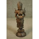 A large 20th century bronze figure of the Indian Goddess Meenakshi with bird on her shoulder and