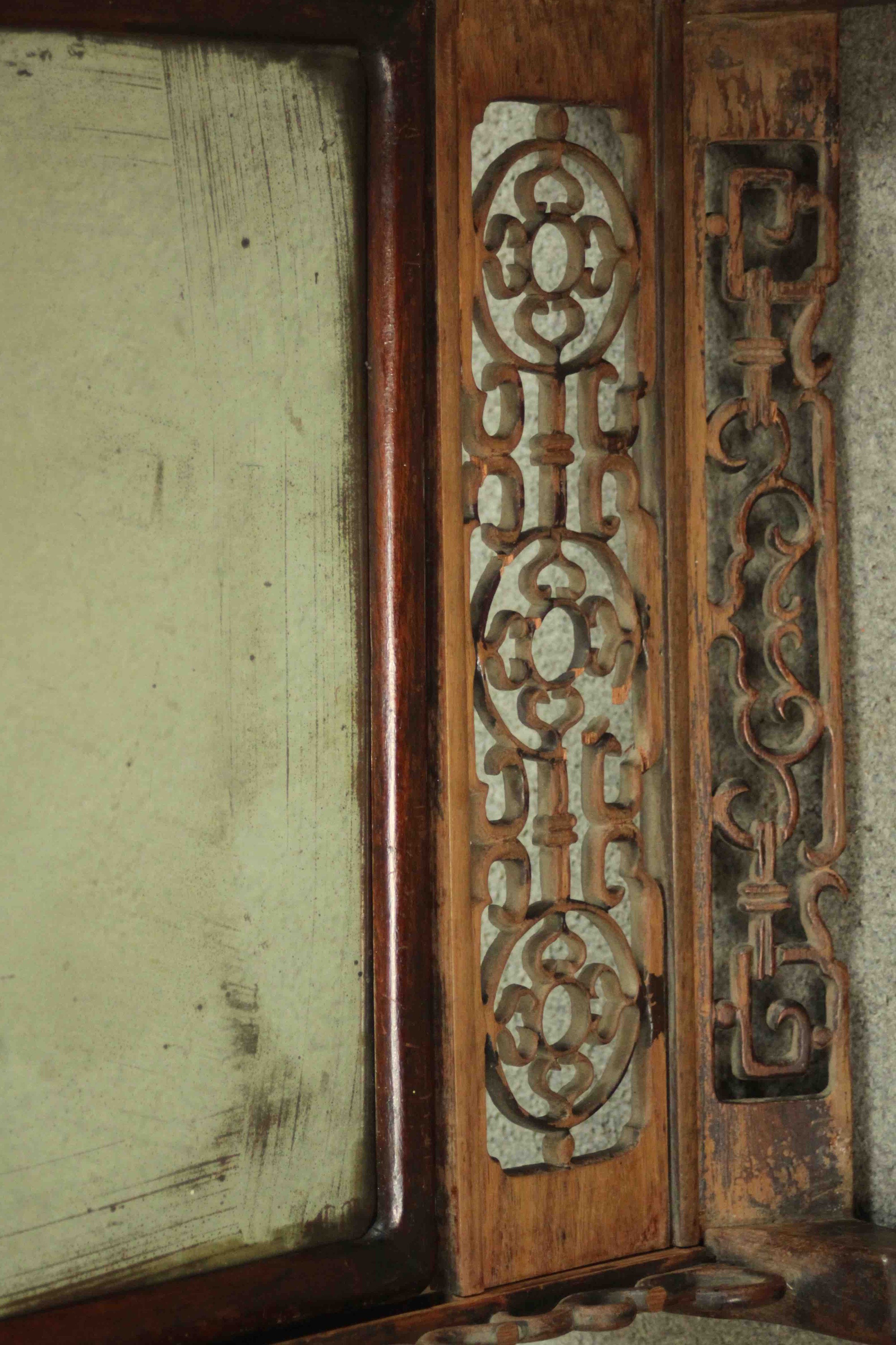 A 19th century Chinese dressing mirror on carved and pierced stand. H.82 W.53. D.23cm. - Image 4 of 6