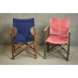 Two directors or campaign style folding teak chairs one with a blue canvas seat and back the other