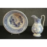 A Victorian Staffordshire blue and white china wash jug and basin, transfer printed with fantastical