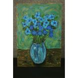 Wolf Howard, acrylic on canvas, still life of a vase of blue flowers. Monogrammed WH. H.42 W.60cm.