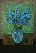 Wolf Howard, acrylic on canvas, still life of a vase of blue flowers. Monogrammed WH. H.42 W.60cm.