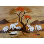 An Indian marquetry panel depicting a herd of elephants at the watering hole under a tree. H.44 W.