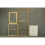 A group of five picture frames, including pine examples, one containing a Classical style print. H.