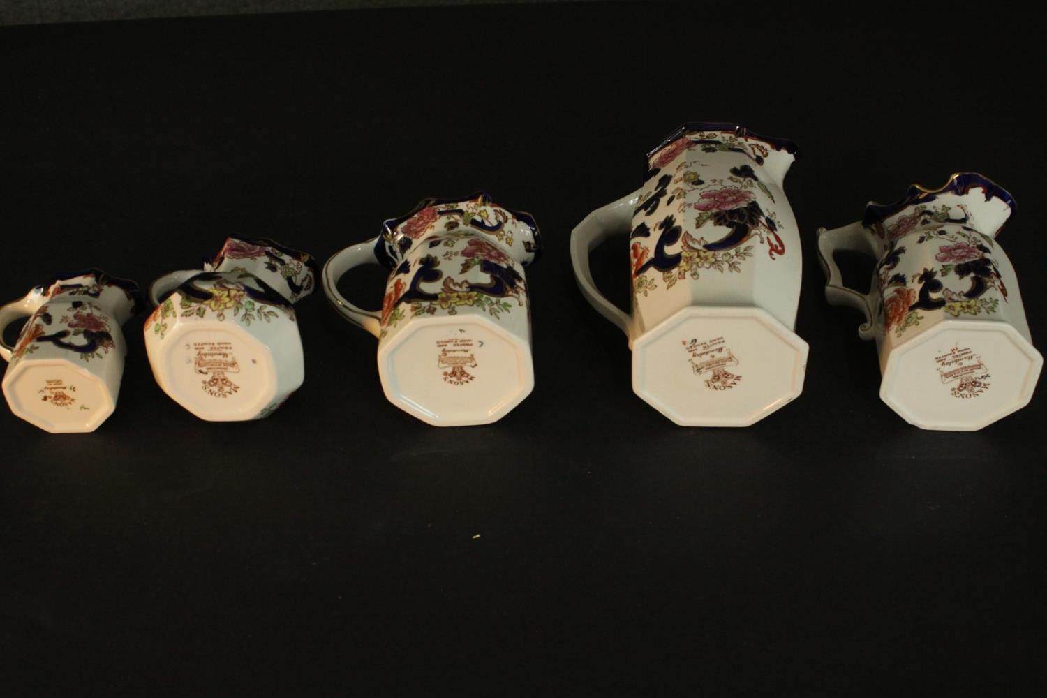 A collection of five Mason's ironstone Mandalay pattern jugs, of varying sizes. H.19 Dia.9cm ( - Image 9 of 10