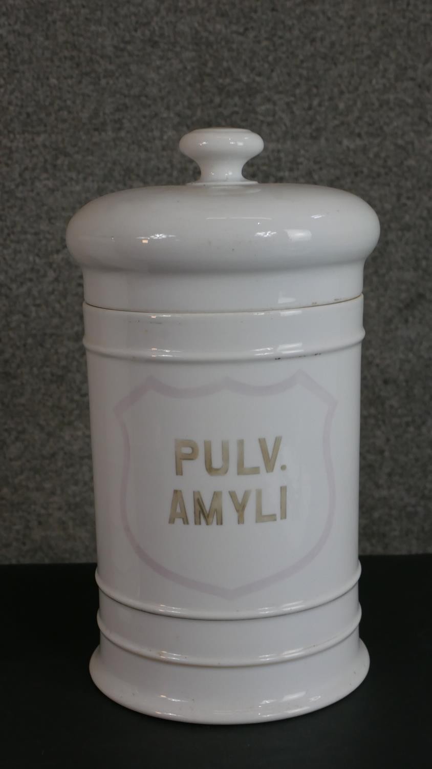 Two large 19th century white ceramic lidded apothecary jars, gilded Latin lettering with a shield - Image 2 of 4