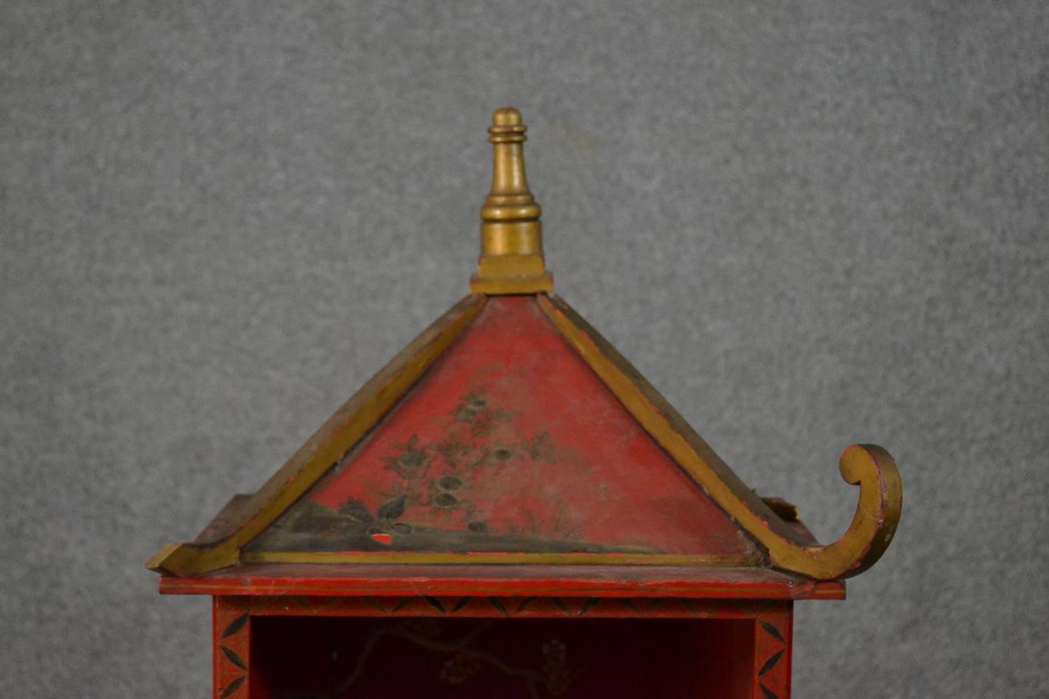 A set of circa 1920s Chinese style bookshelves, red painted with landscape designs, with a - Image 2 of 7