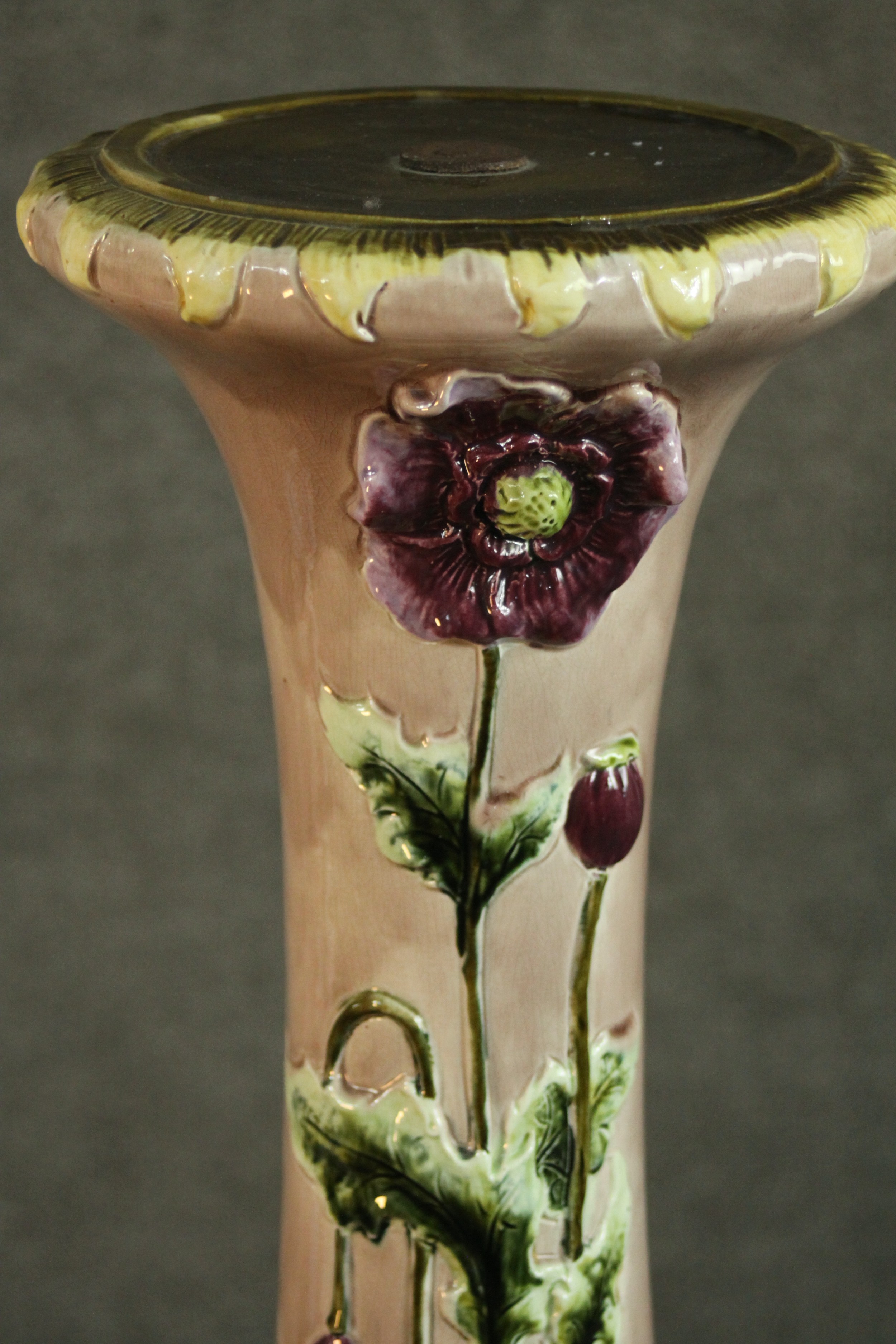 An early 20th century relief poppy design ceramic planter stand on cream ground and green detailing. - Image 3 of 6