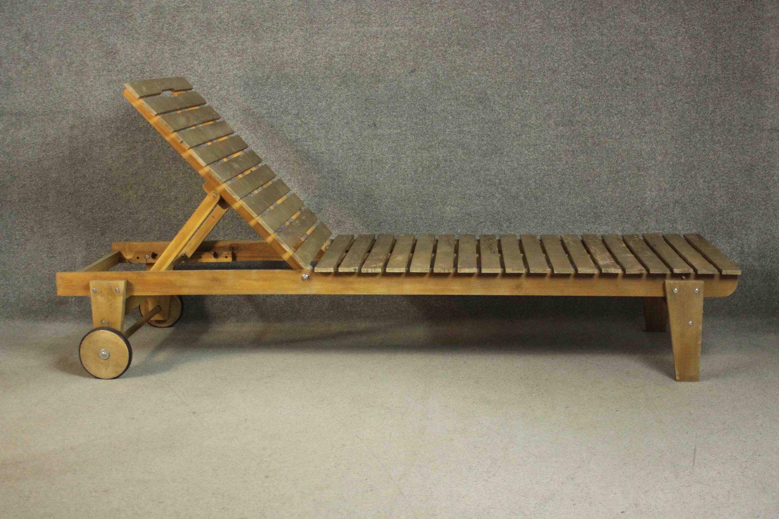 A pair of contemporary teak garden sun loungers of slatted form with adjustable back, on wheels. H. - Image 7 of 9