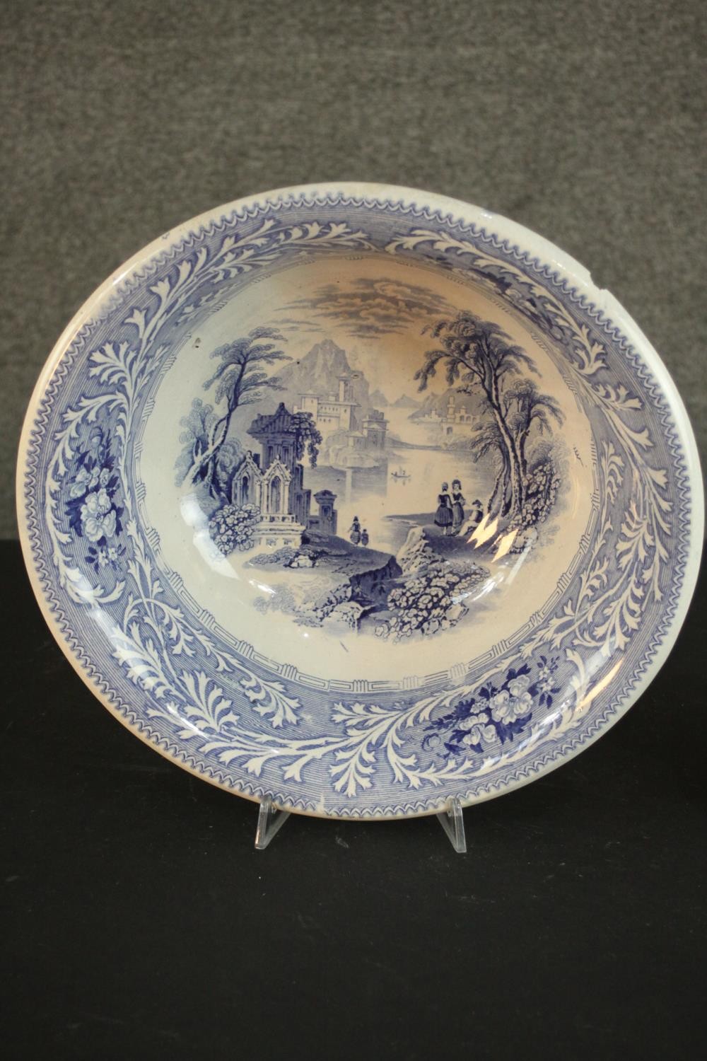 A Victorian Staffordshire blue and white china wash jug and basin, transfer printed with fantastical - Image 3 of 8