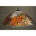 A replica Tiffany style hanging lamp, decorated with maple leaves. L.55 Dia.51cm.