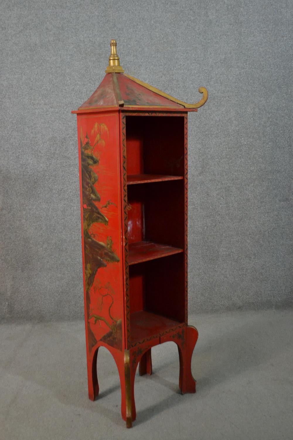 A set of circa 1920s Chinese style bookshelves, red painted with landscape designs, with a - Image 6 of 7