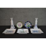 A collection of ceramics and porcelain, including two Chinese brass cased hand painted dishes one